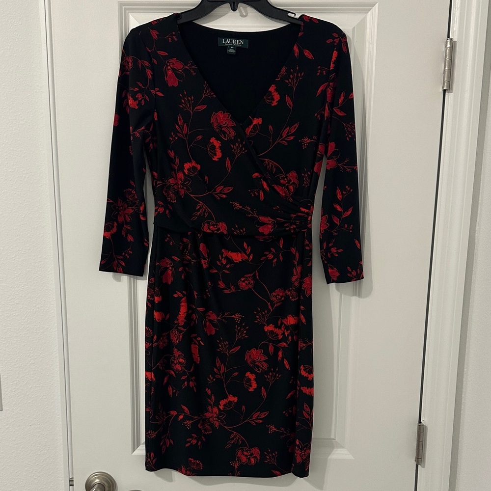Black and Red Floral Faux Wrap Dress